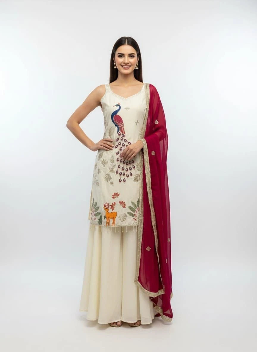 Vastra Creation's Heavy Crepe Embroidered Kurta Set with Georgette Dupatta