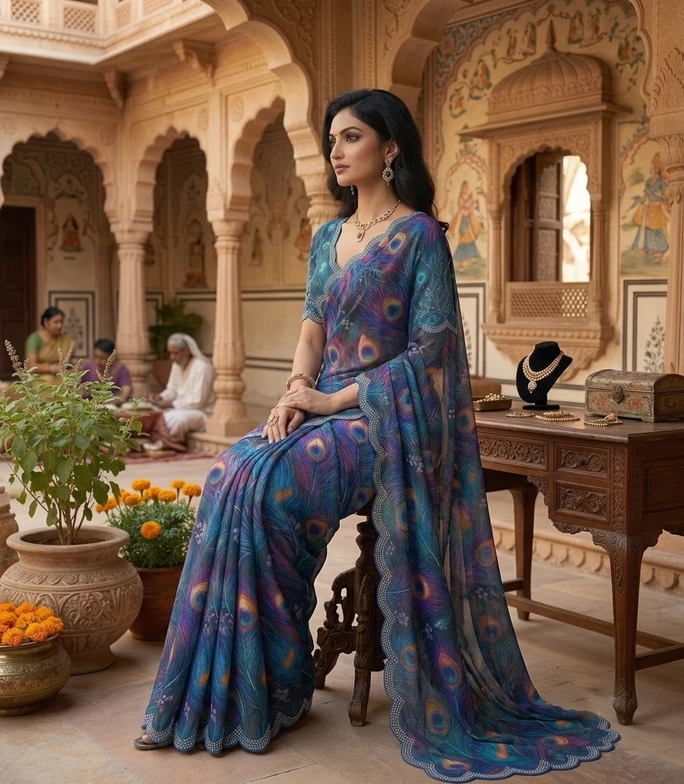 Vastra Creation's Soft Georgette Digital Print Saree with Swarovski Stone Work