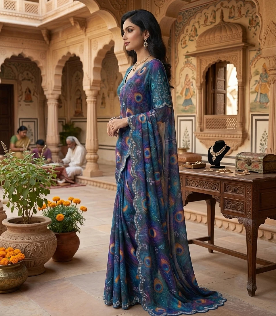 Vastra Creation's Soft Georgette Digital Print Saree with Swarovski Stone Work