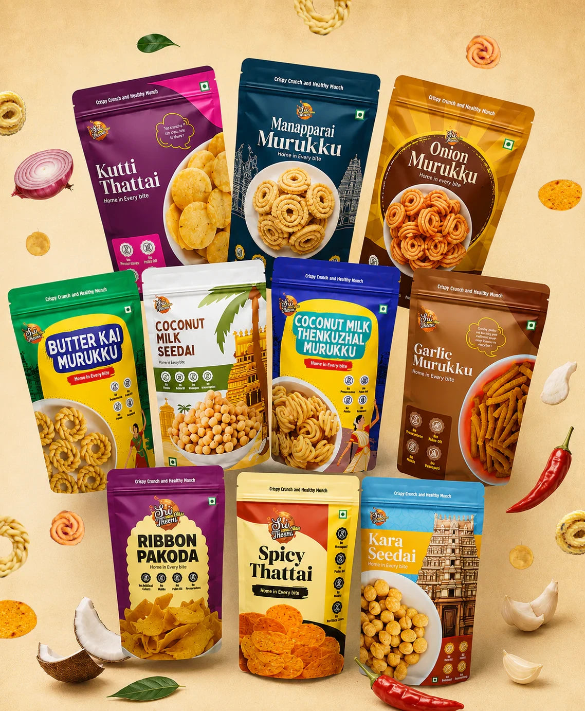 Sri Norukku Theeni Traditional Murukku, Seedai, Thattai & Ribbon Pakoda - Combo Pack of 10