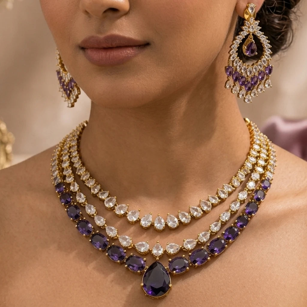 Elegents' Emerald Purple White Stone Necklace Set