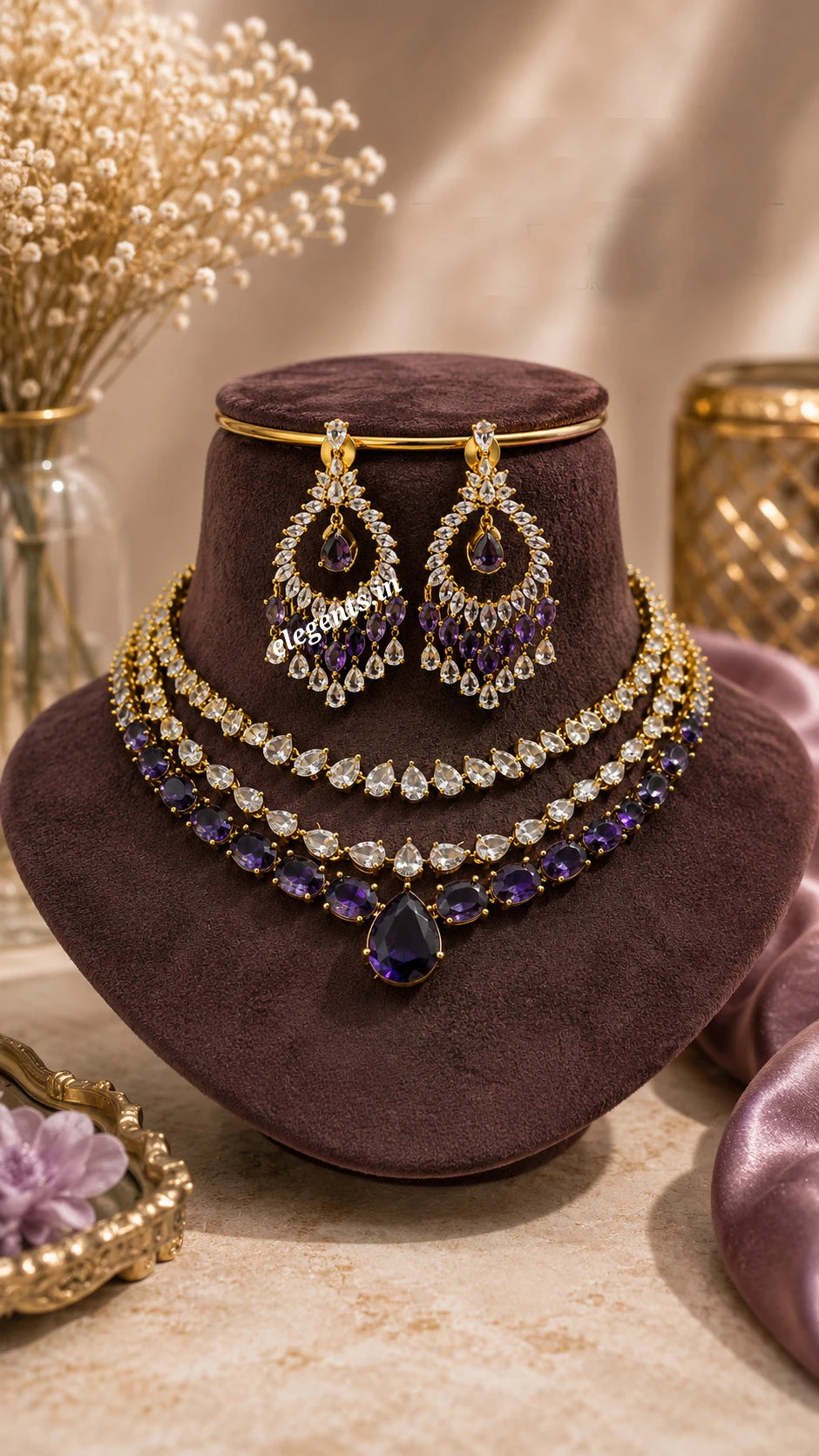 Elegents' Emerald Purple White Stone Necklace Set