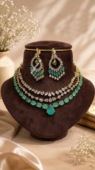 Elegents' Emerald Sea Green White Stone Necklace Set