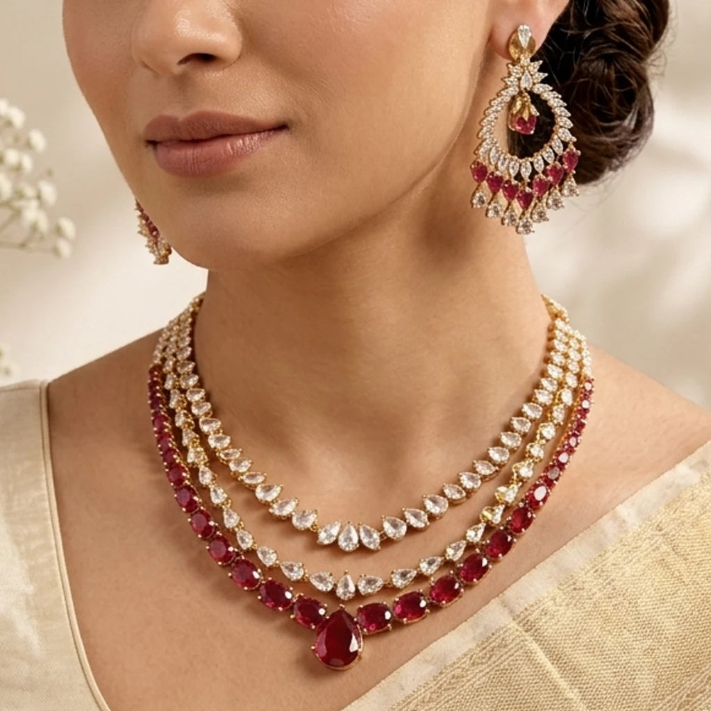Elegents' Emerald Red White Stone Necklace Set