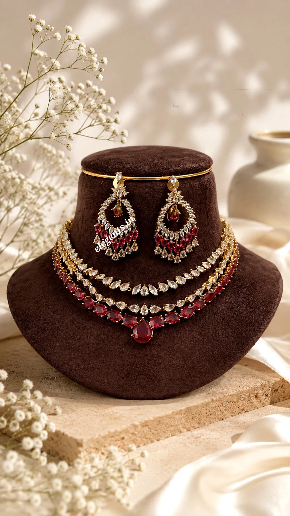 Elegents' Emerald Red White Stone Necklace Set