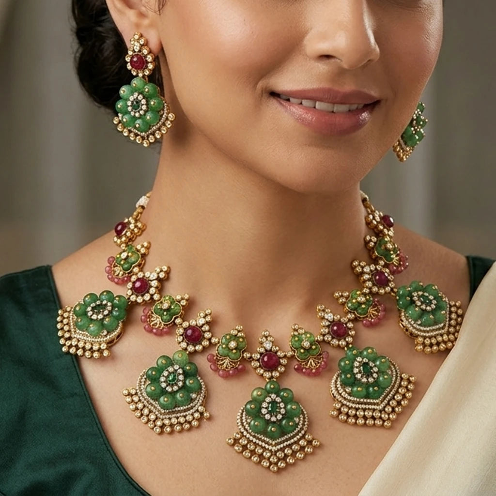 Elegents' Green Partywear Necklace Set