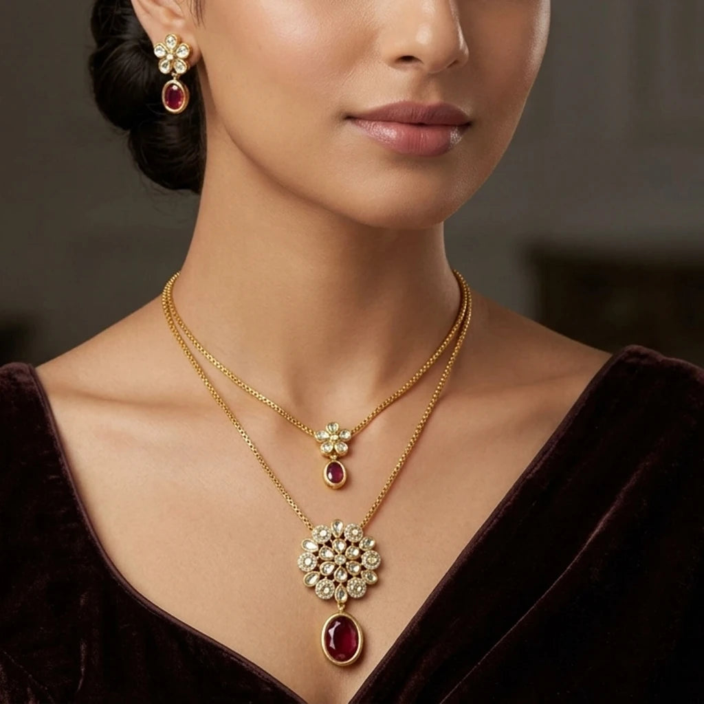 Elegents' 2line Chain Necklace Set Red
