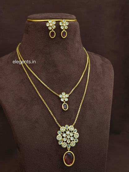 Elegents' 2line Chain Necklace Set Red