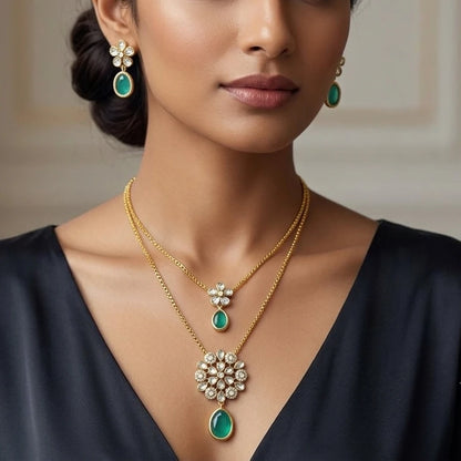 Elegents' 2line Chain Necklace Set Green
