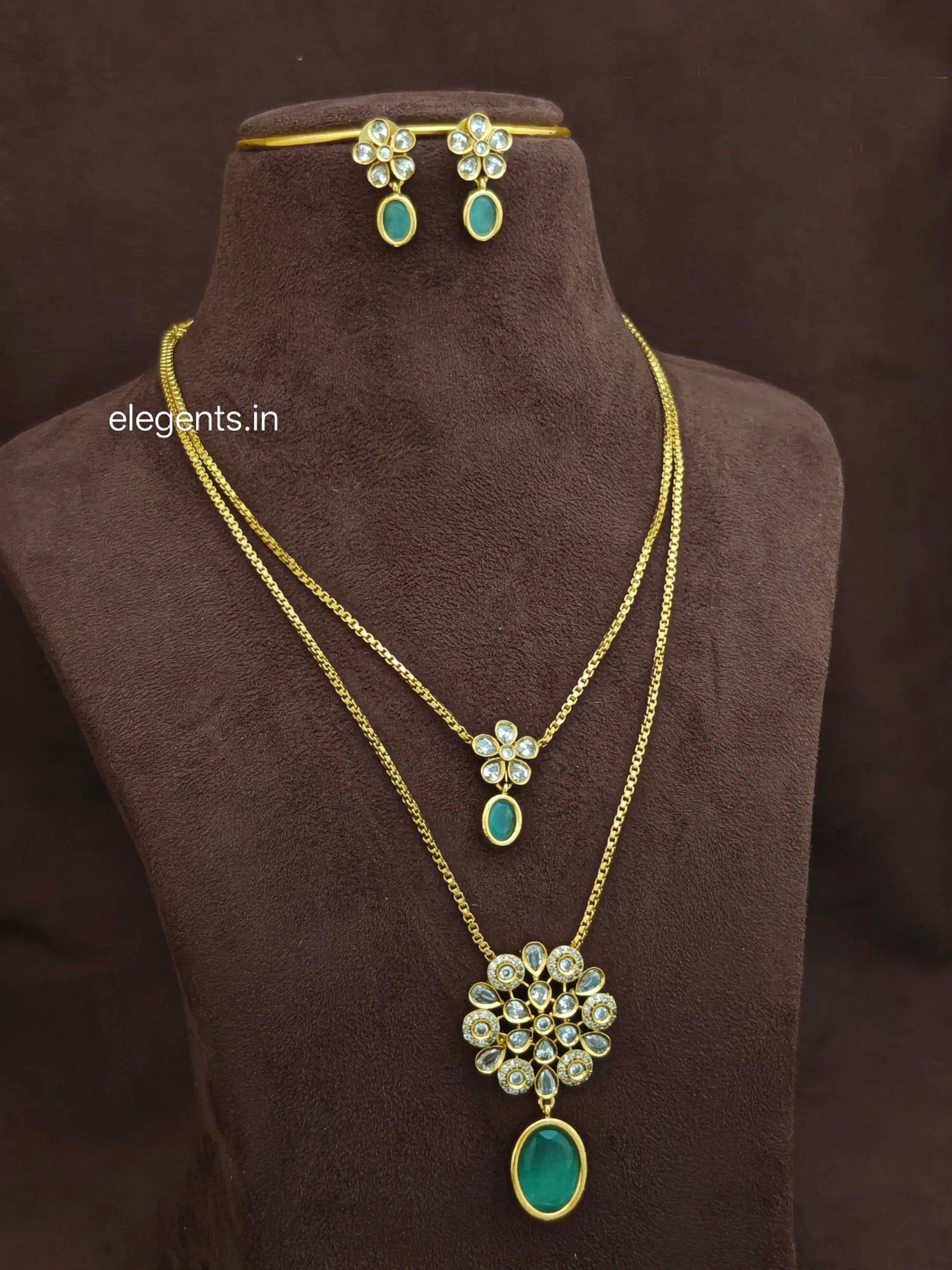 Elegents' 2line Chain Necklace Set Green