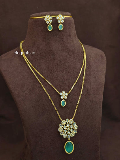 Elegents' 2line Chain Necklace Set Green