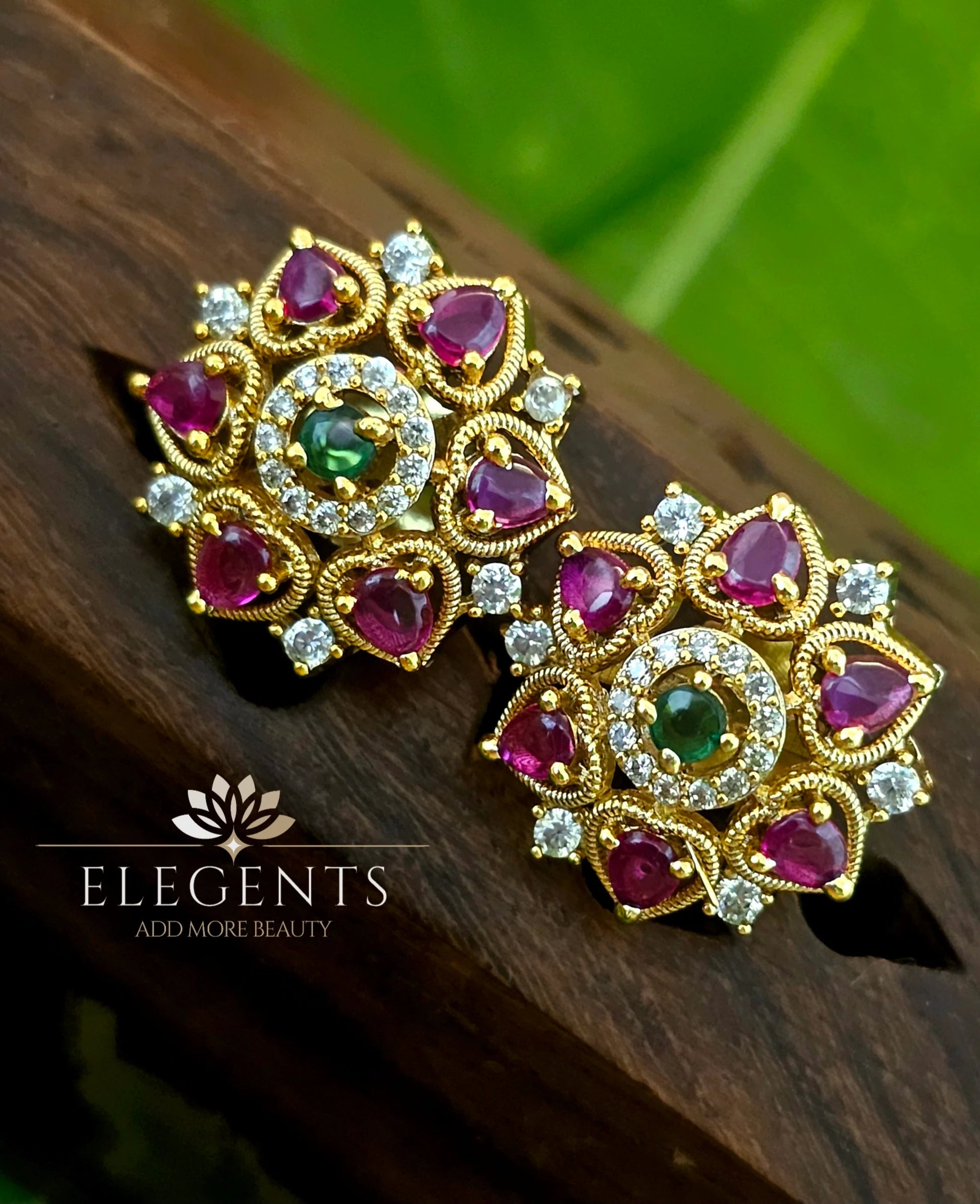 Elegents' Flower Ruby White Ad Stone Studs Earrings