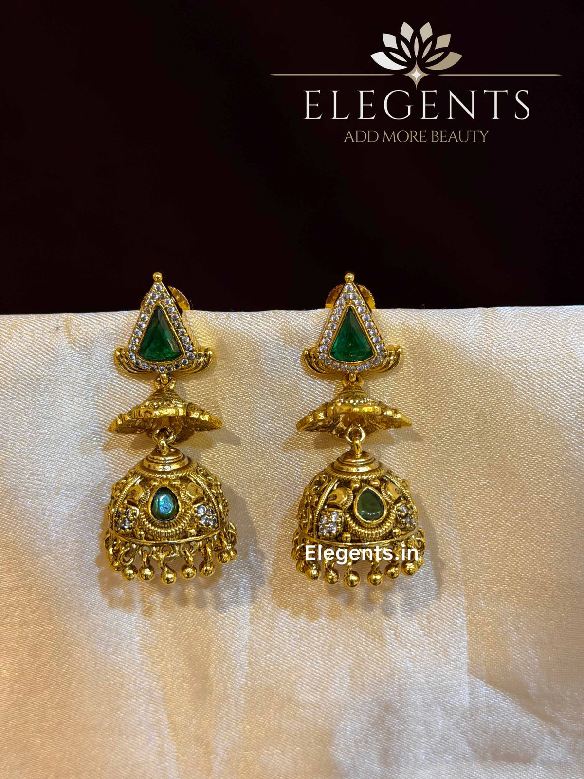 Elegents' Gold Replica Emerald Non Idol Jhumka