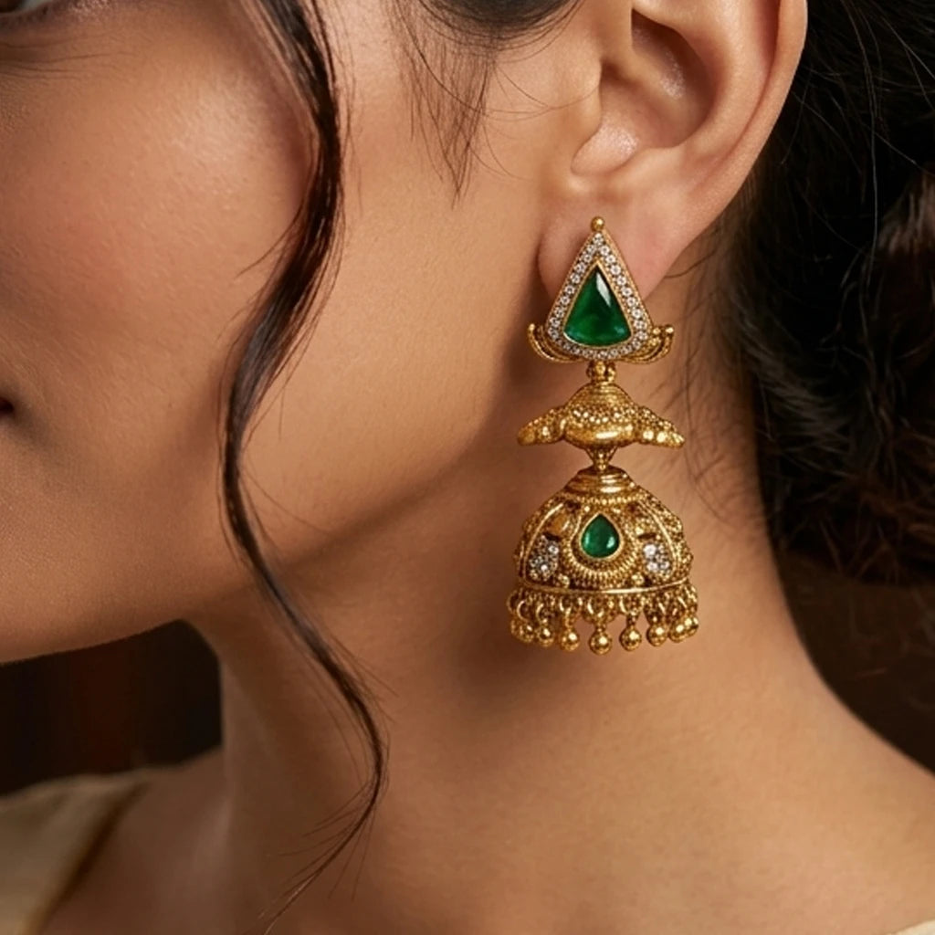 Elegents' Gold Replica Emerald Non Idol Jhumka