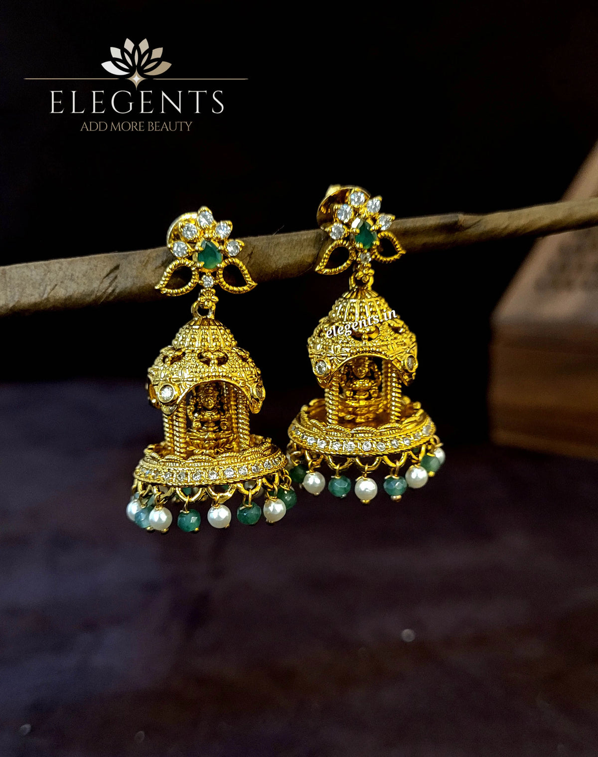 Elegents' Lakshmi Temple Jhumka Green Beads