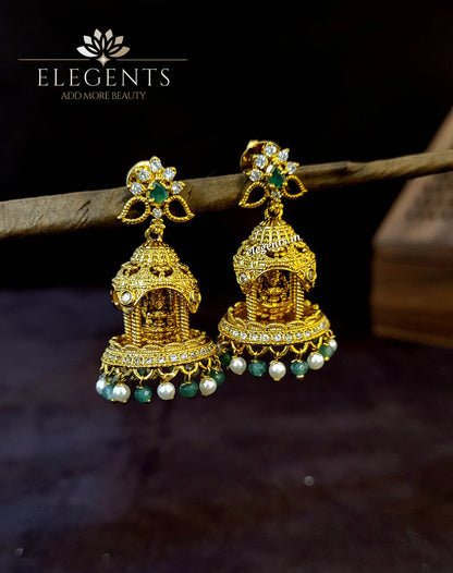 Elegents' Lakshmi Temple Jhumka Green Beads