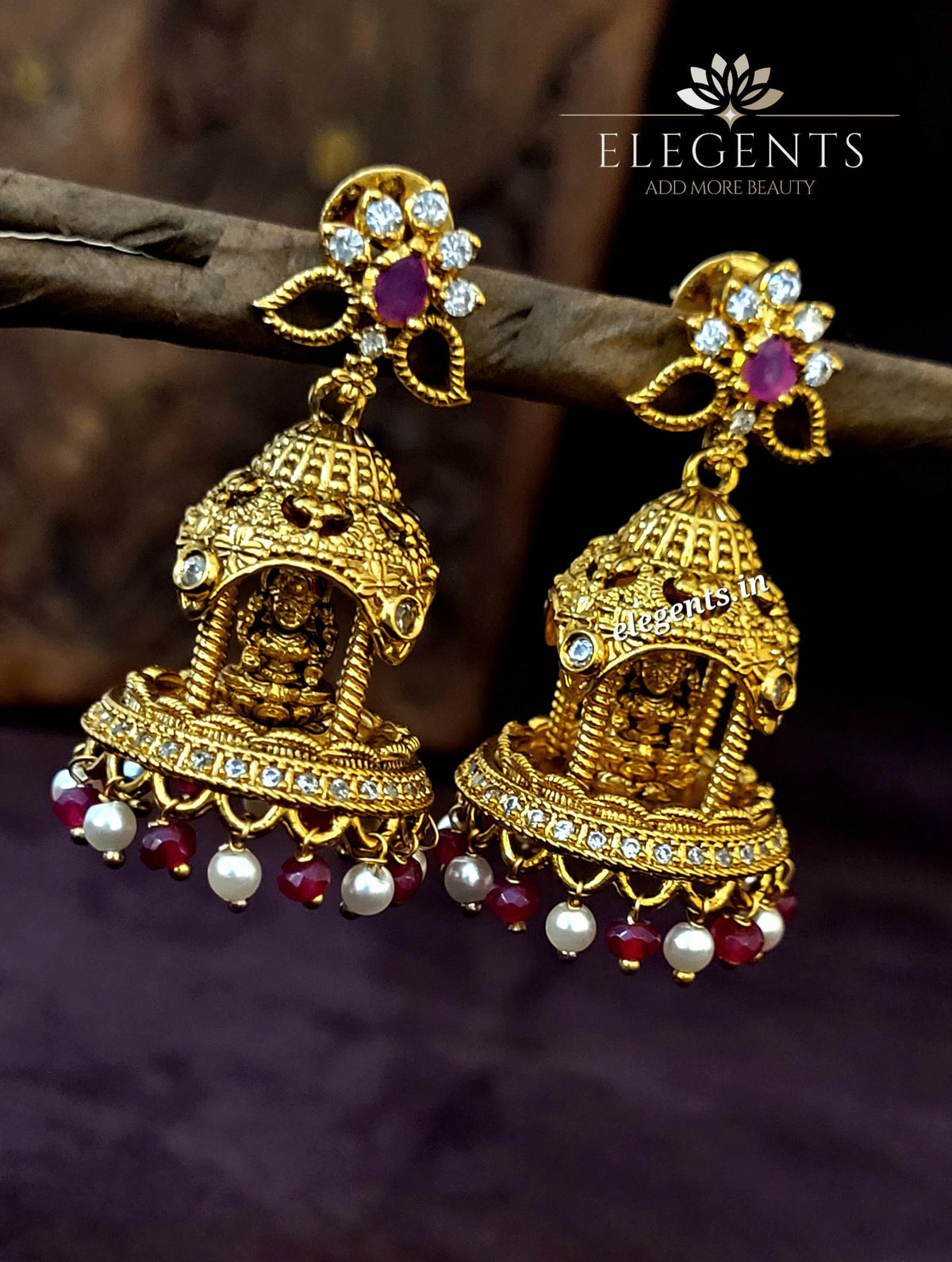 Elegents' Lakshmi Temple Jhumka Red Beads