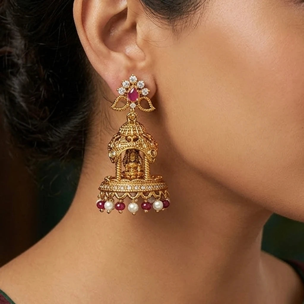 Elegents' Lakshmi Temple Jhumka Red Beads