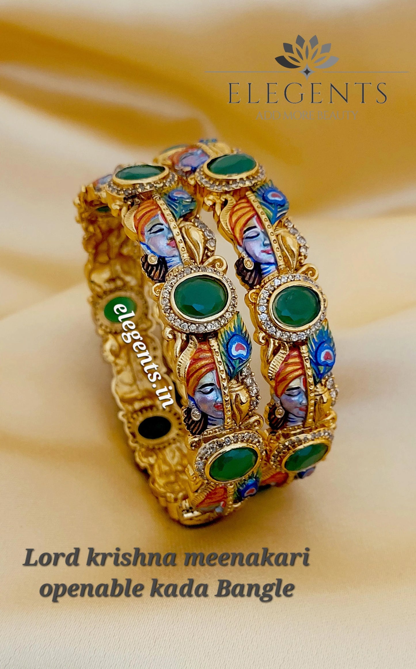 Elegents' Meenakari Green Krishna Openable Kada Bangle