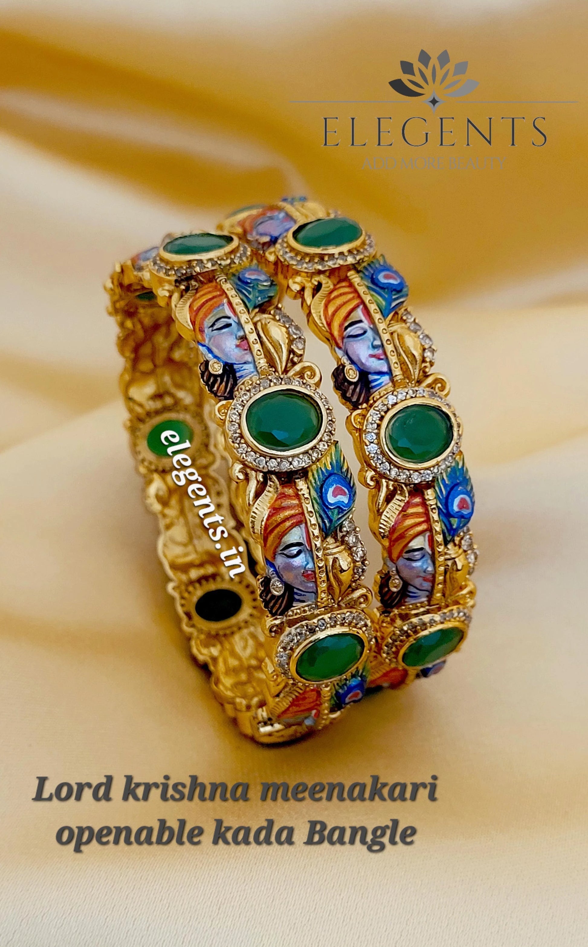 Elegents' Meenakari Green Krishna Openable Kada Bangle