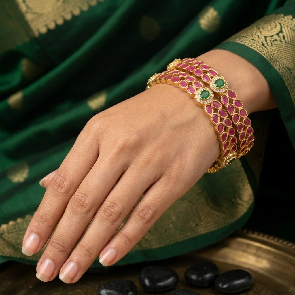 Elegents' Luxurious Ruby Leaf Bangle Set