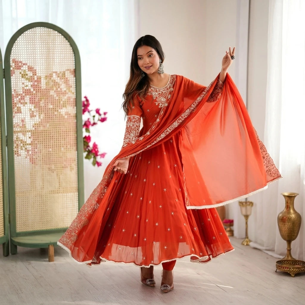 Vastra Creation's Elegant Embroidered Rainbow Sequence Designer Anarkali Three-Piece Set
