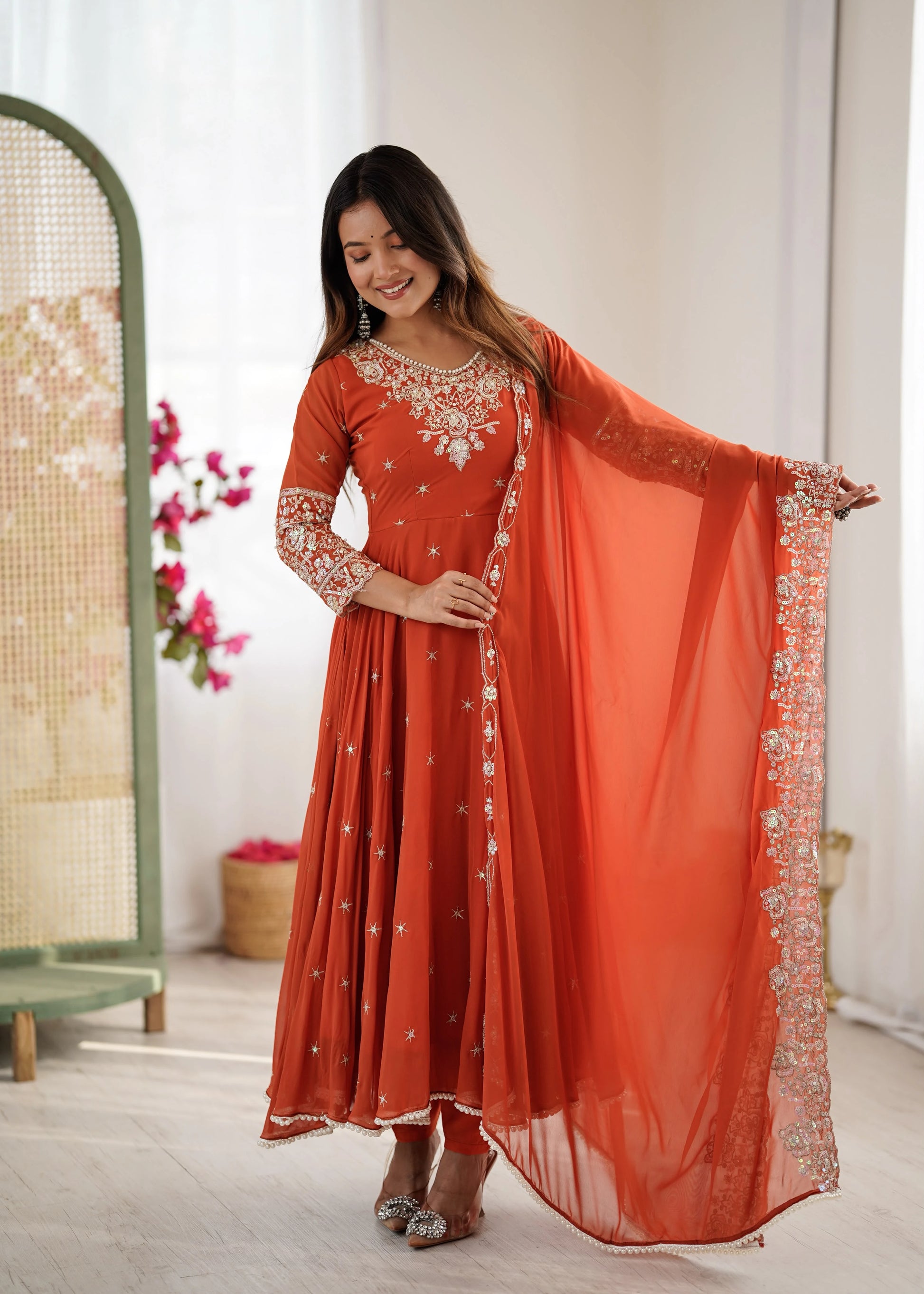 Vastra Creation's Elegant Embroidered Rainbow Sequence Designer Anarkali Three-Piece Set