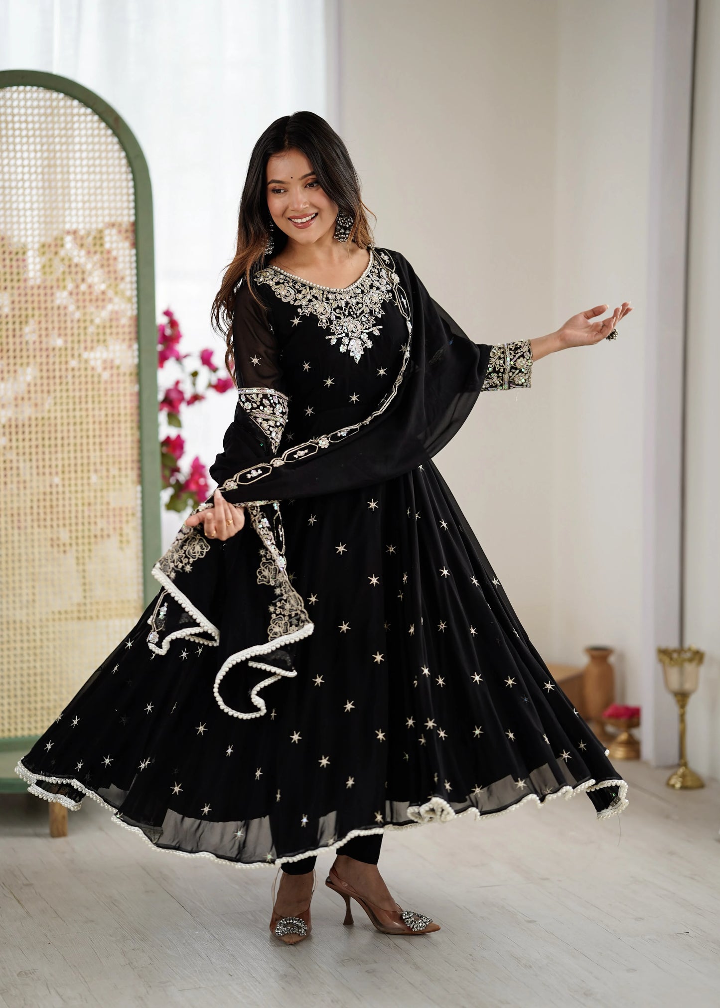 Vastra Creation's Elegant Embroidered Rainbow Sequence Designer Anarkali Three-Piece Set