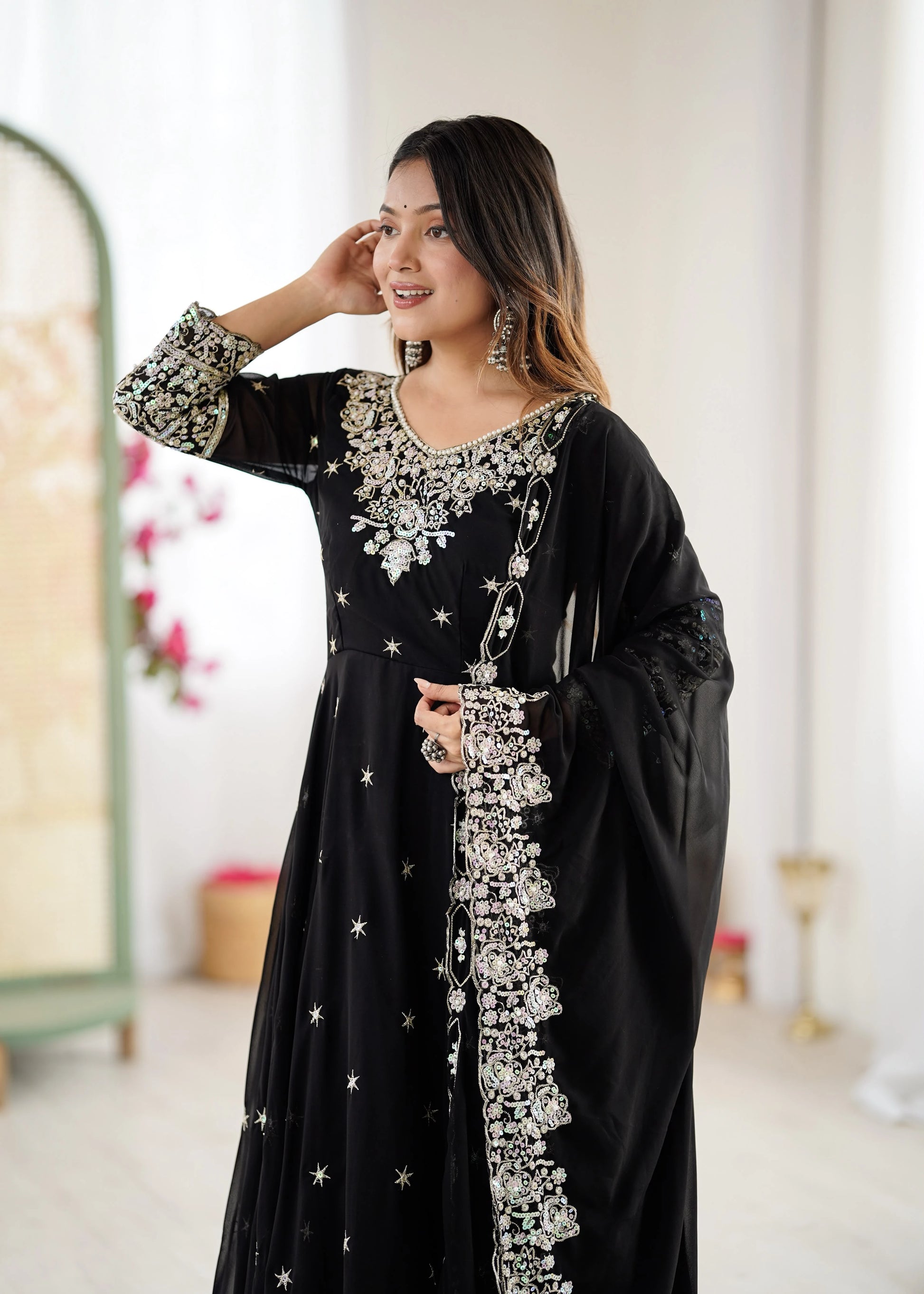 Vastra Creation's Elegant Embroidered Rainbow Sequence Designer Anarkali Three-Piece Set