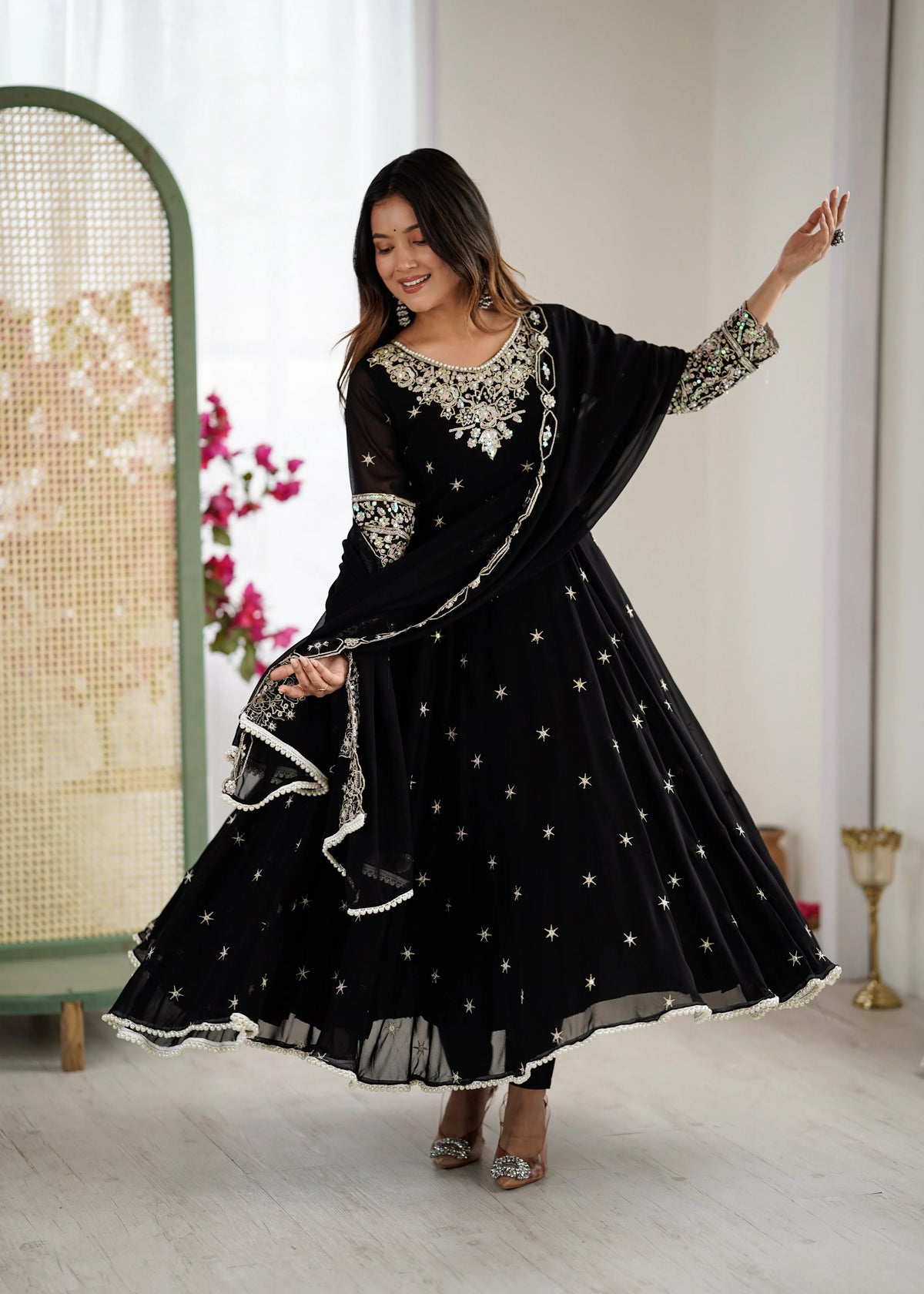 Vastra Creation's Elegant Embroidered Rainbow Sequence Designer Anarkali Three-Piece Set