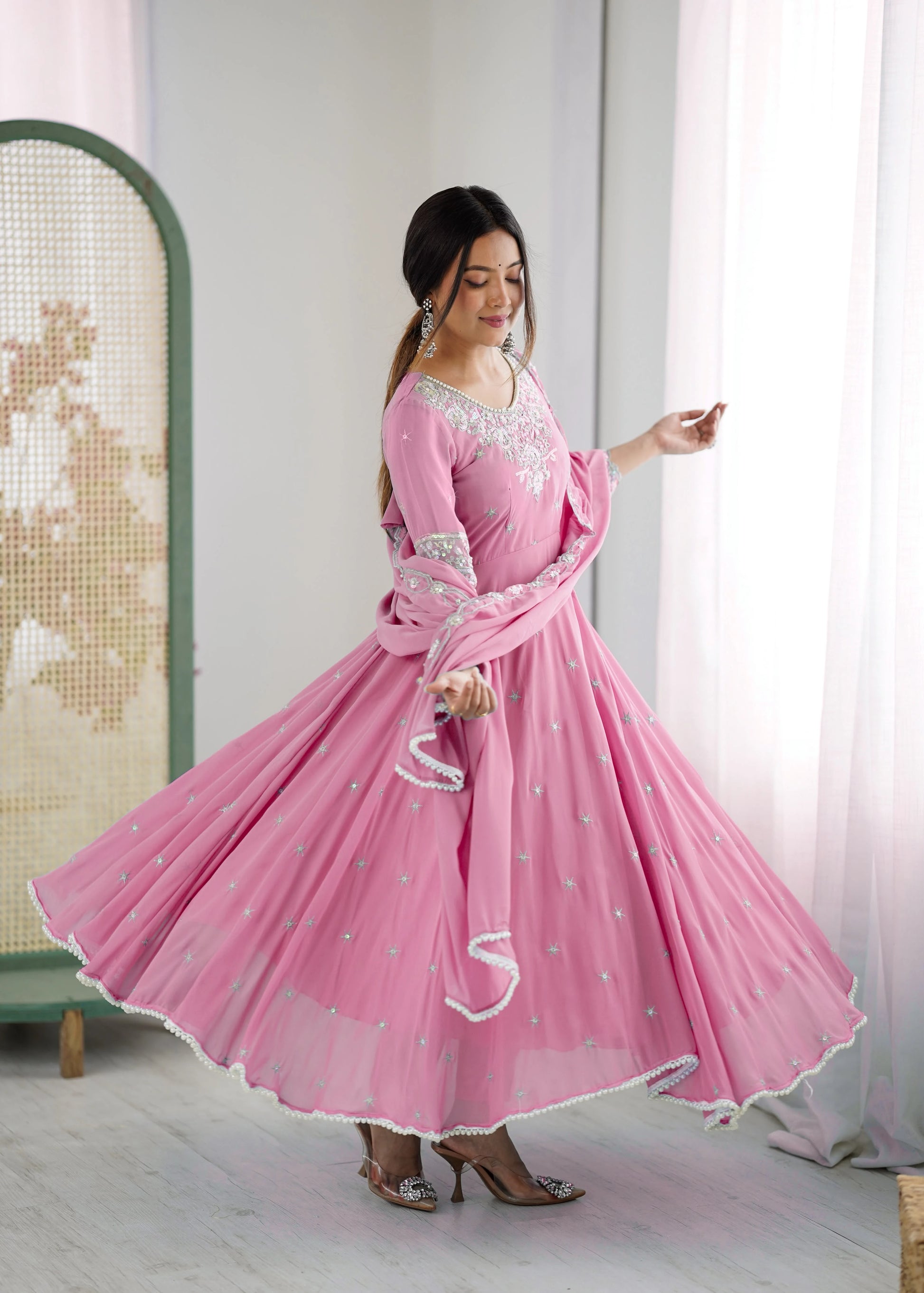 Vastra Creation's Elegant Embroidered Rainbow Sequence Designer Anarkali Three-Piece Set