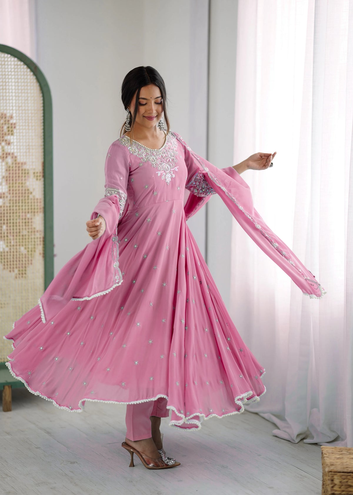 Vastra Creation's Elegant Embroidered Rainbow Sequence Designer Anarkali Three-Piece Set