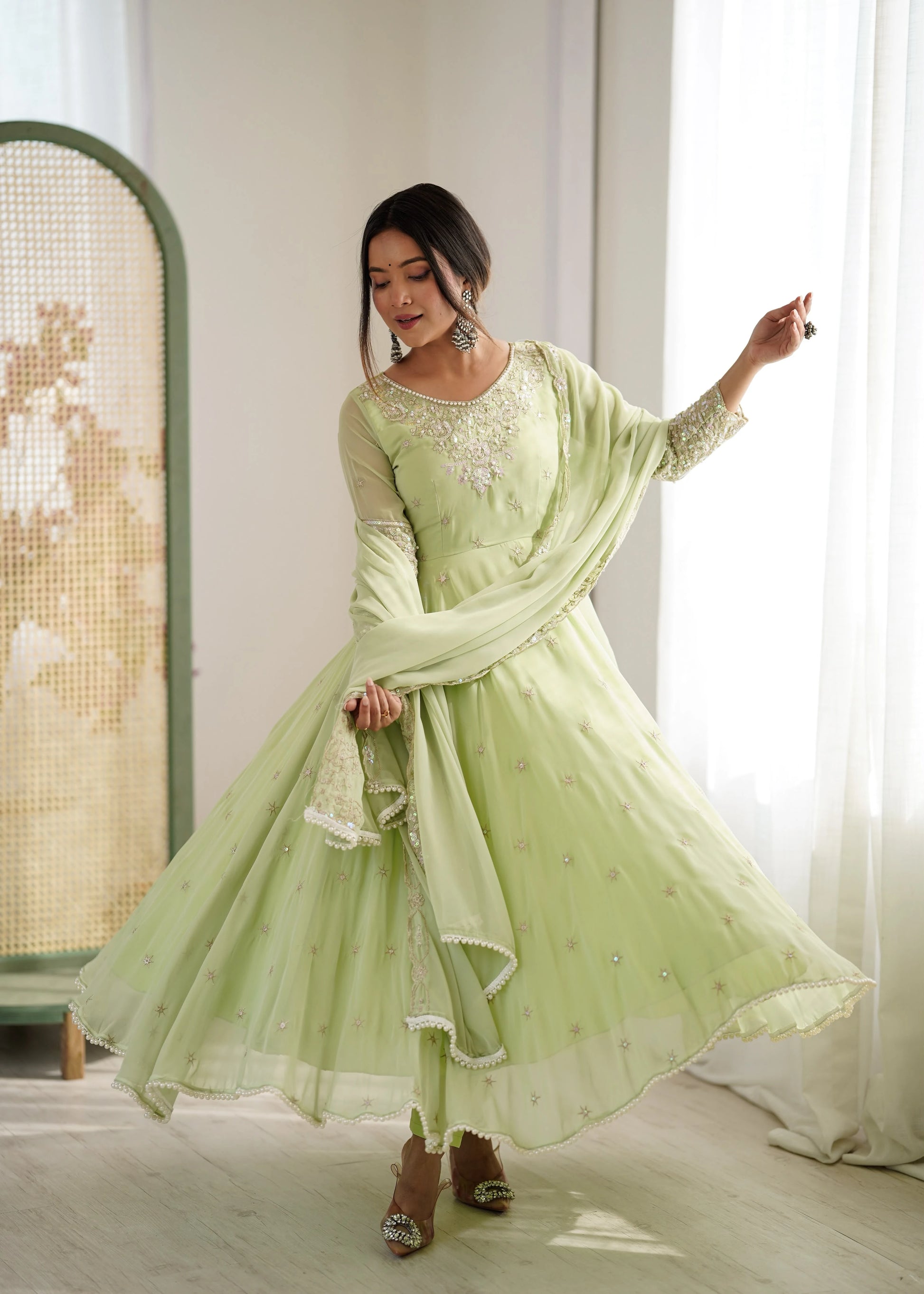 Vastra Creation's Elegant Embroidered Rainbow Sequence Designer Anarkali Three-Piece Set
