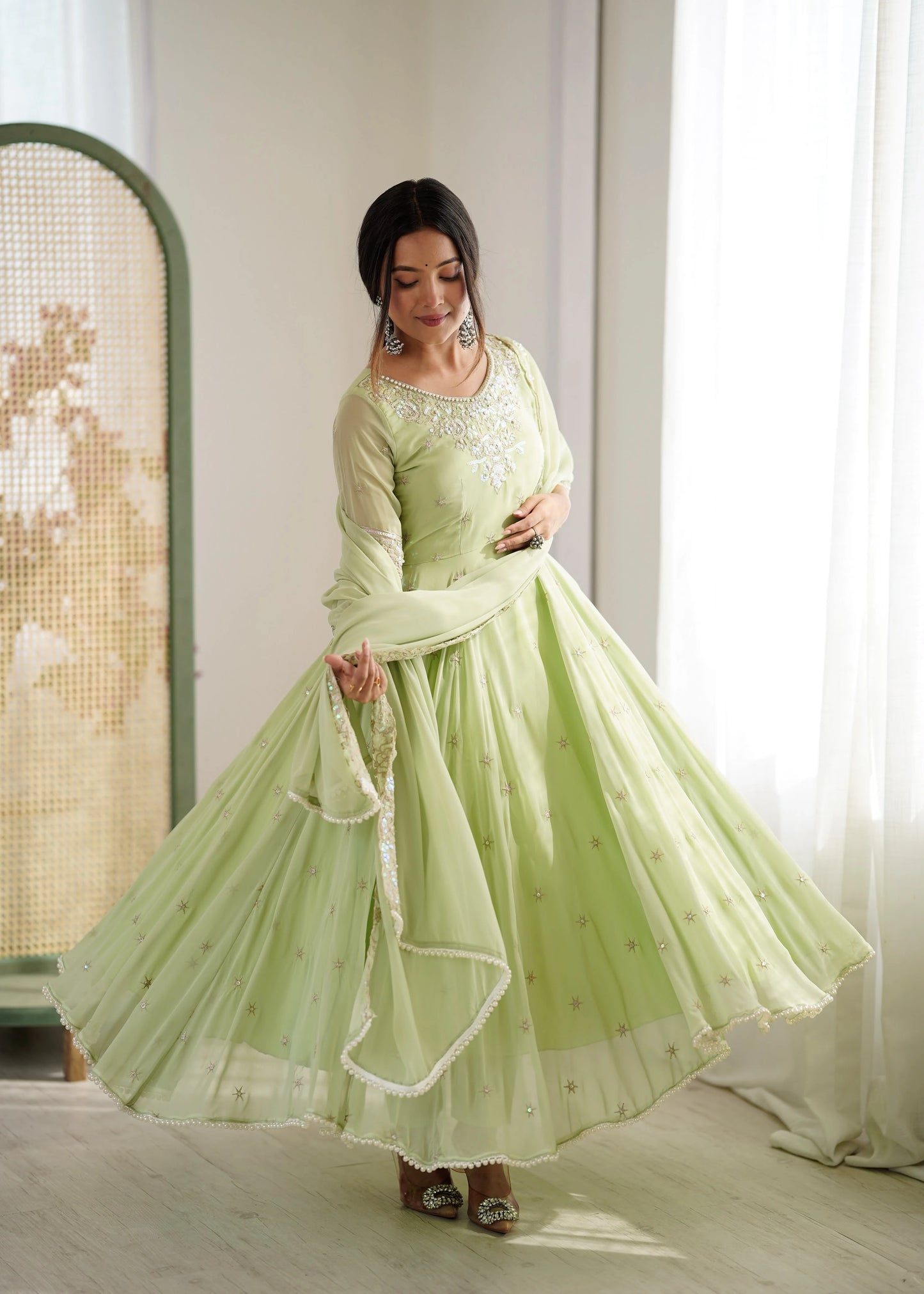 Vastra Creation's Elegant Embroidered Rainbow Sequence Designer Anarkali Three-Piece Set
