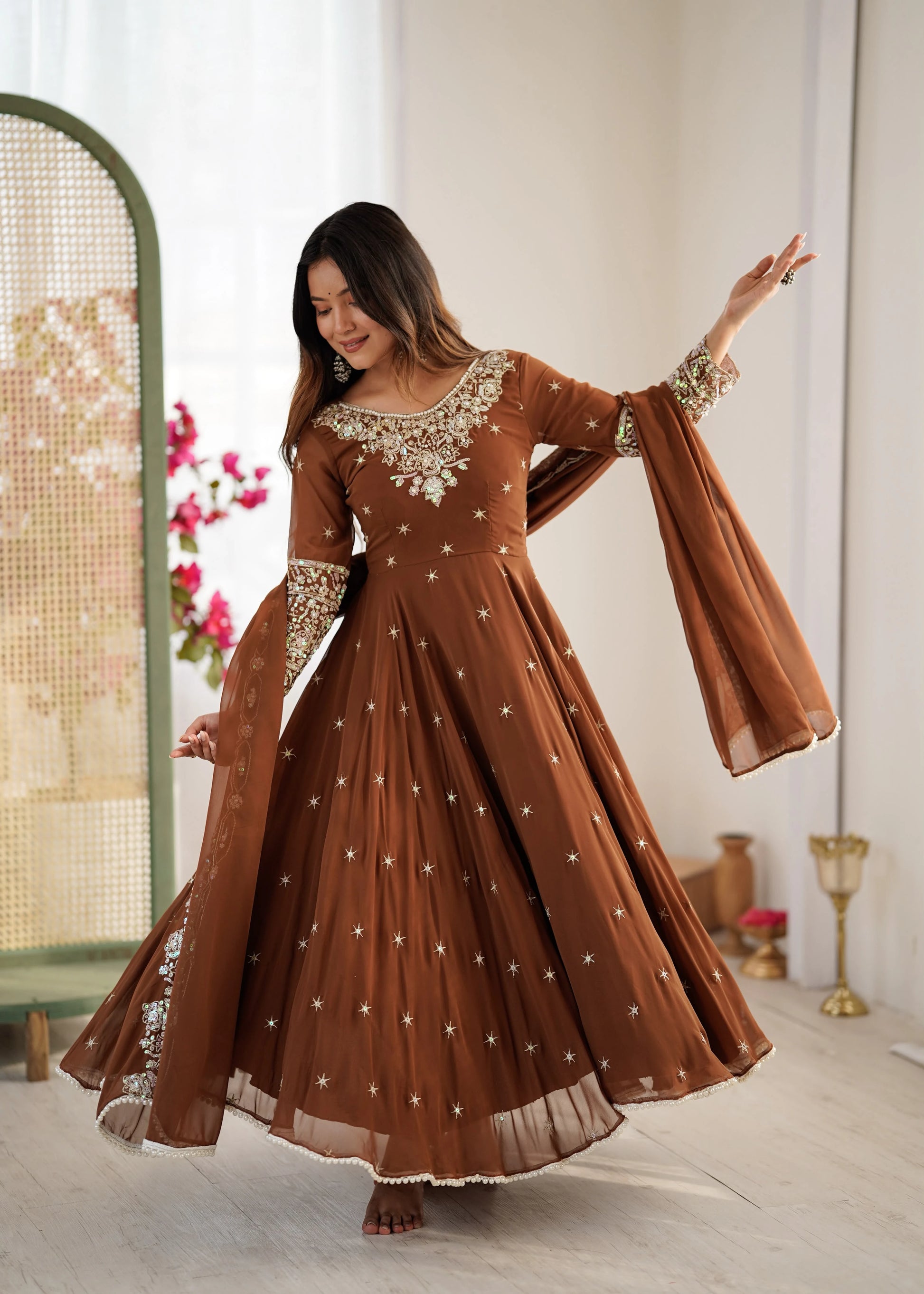 Vastra Creation's Elegant Embroidered Rainbow Sequence Designer Anarkali Three-Piece Set