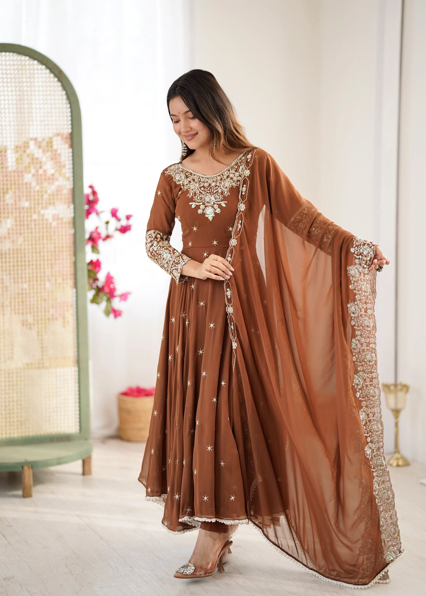 Vastra Creation's Elegant Embroidered Rainbow Sequence Designer Anarkali Three-Piece Set