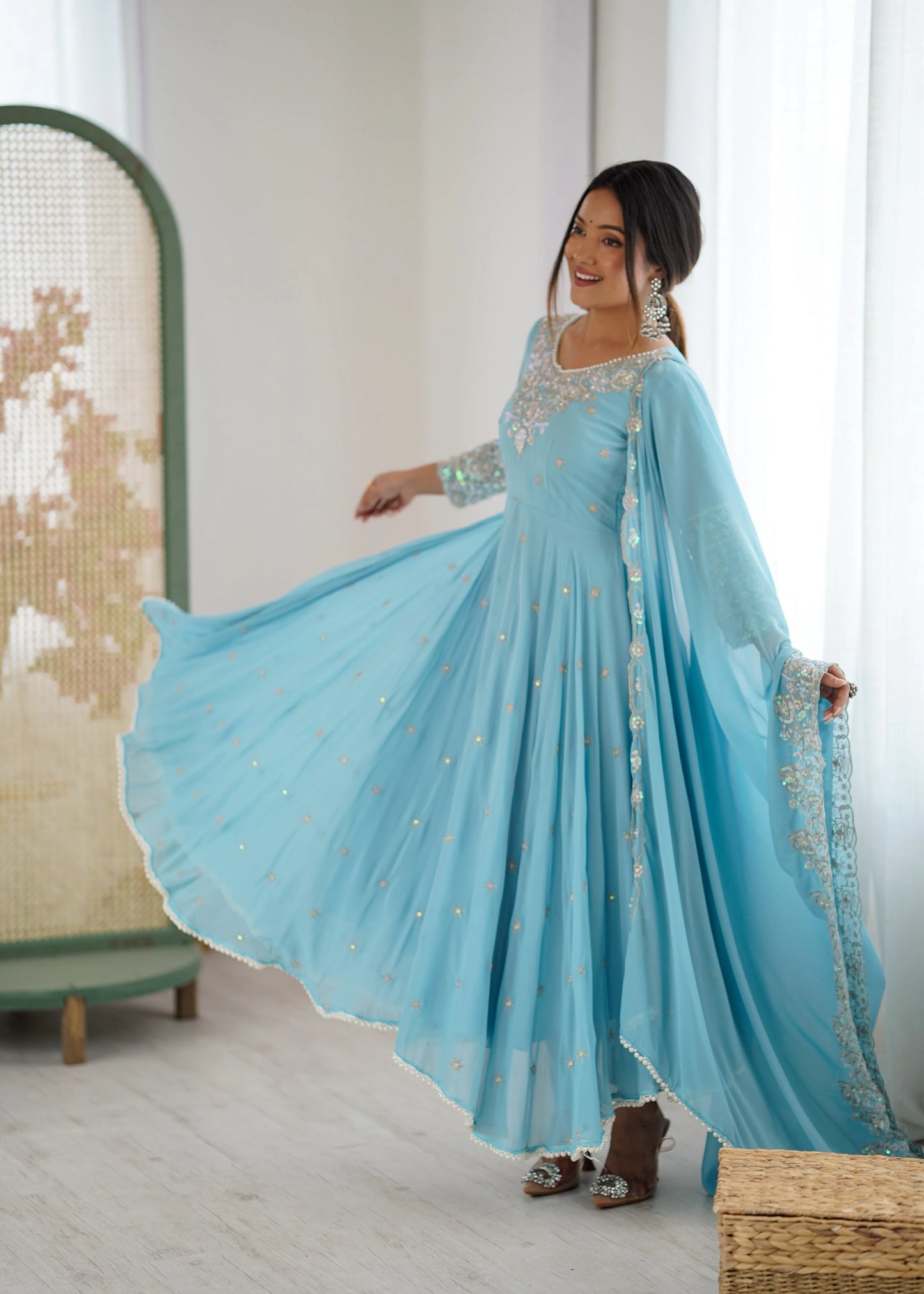 Vastra Creation's Elegant Embroidered Rainbow Sequence Designer Anarkali Three-Piece Set