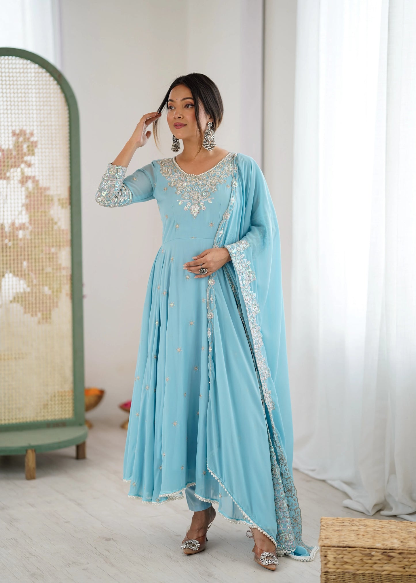 Vastra Creation's Elegant Embroidered Rainbow Sequence Designer Anarkali Three-Piece Set