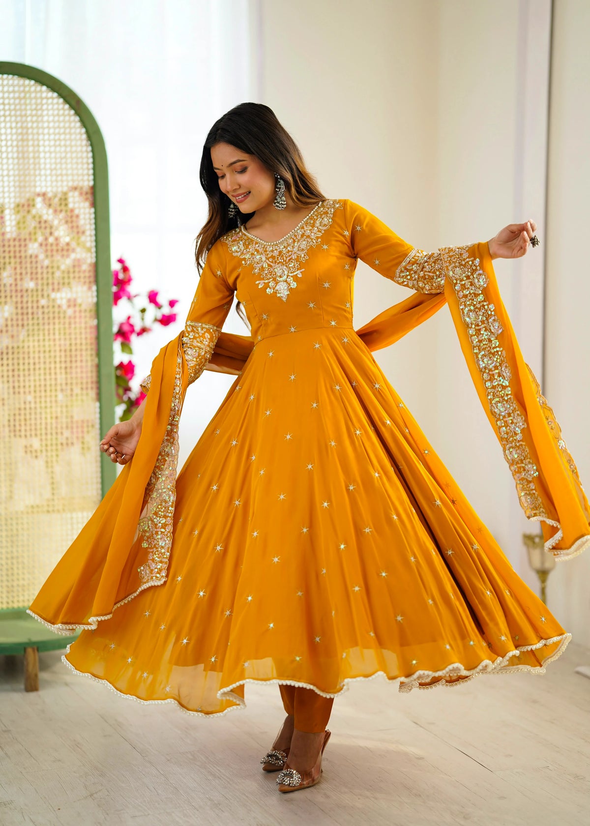 Vastra Creation's Elegant Embroidered Rainbow Sequence Designer Anarkali Three-Piece Set