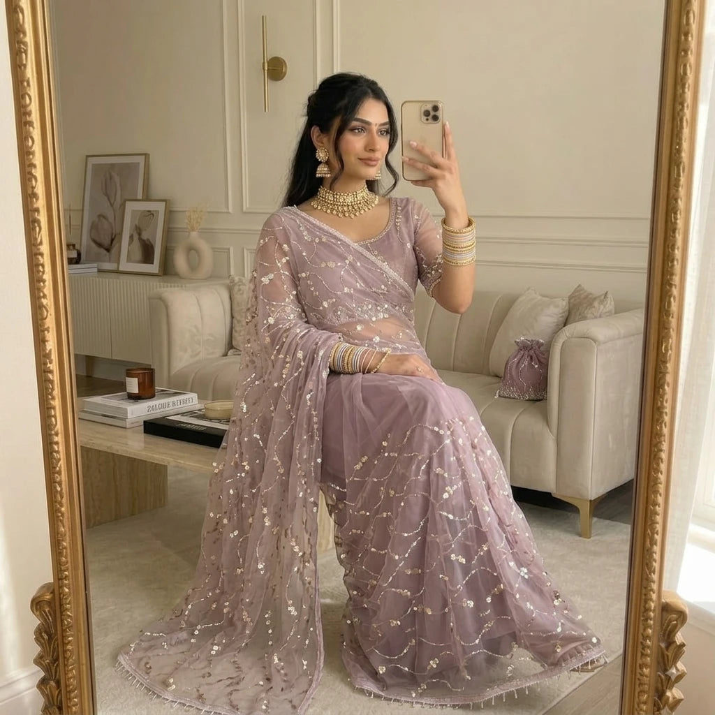 Vastra Creation's Elegant Butterfly Net Saree with Beads, Moti & Sequin Work