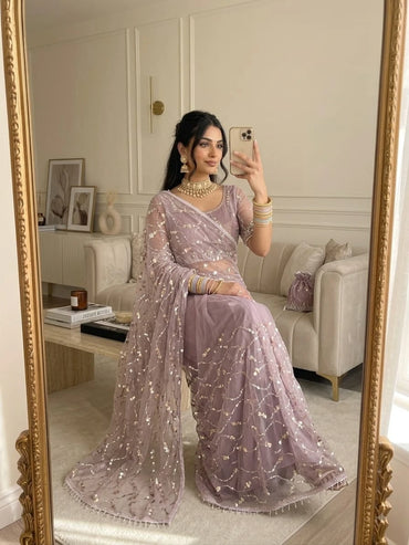 Vastra Creation's Elegant Butterfly Net Saree with Beads, Moti & Sequin Work