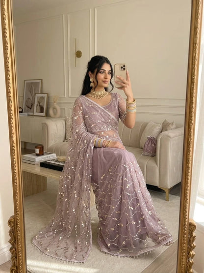 Vastra Creation's Elegant Butterfly Net Saree with Beads, Moti & Sequin Work