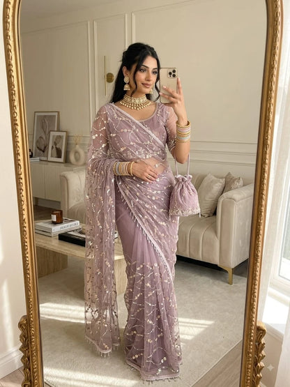 Vastra Creation's Elegant Butterfly Net Saree with Beads, Moti & Sequin Work