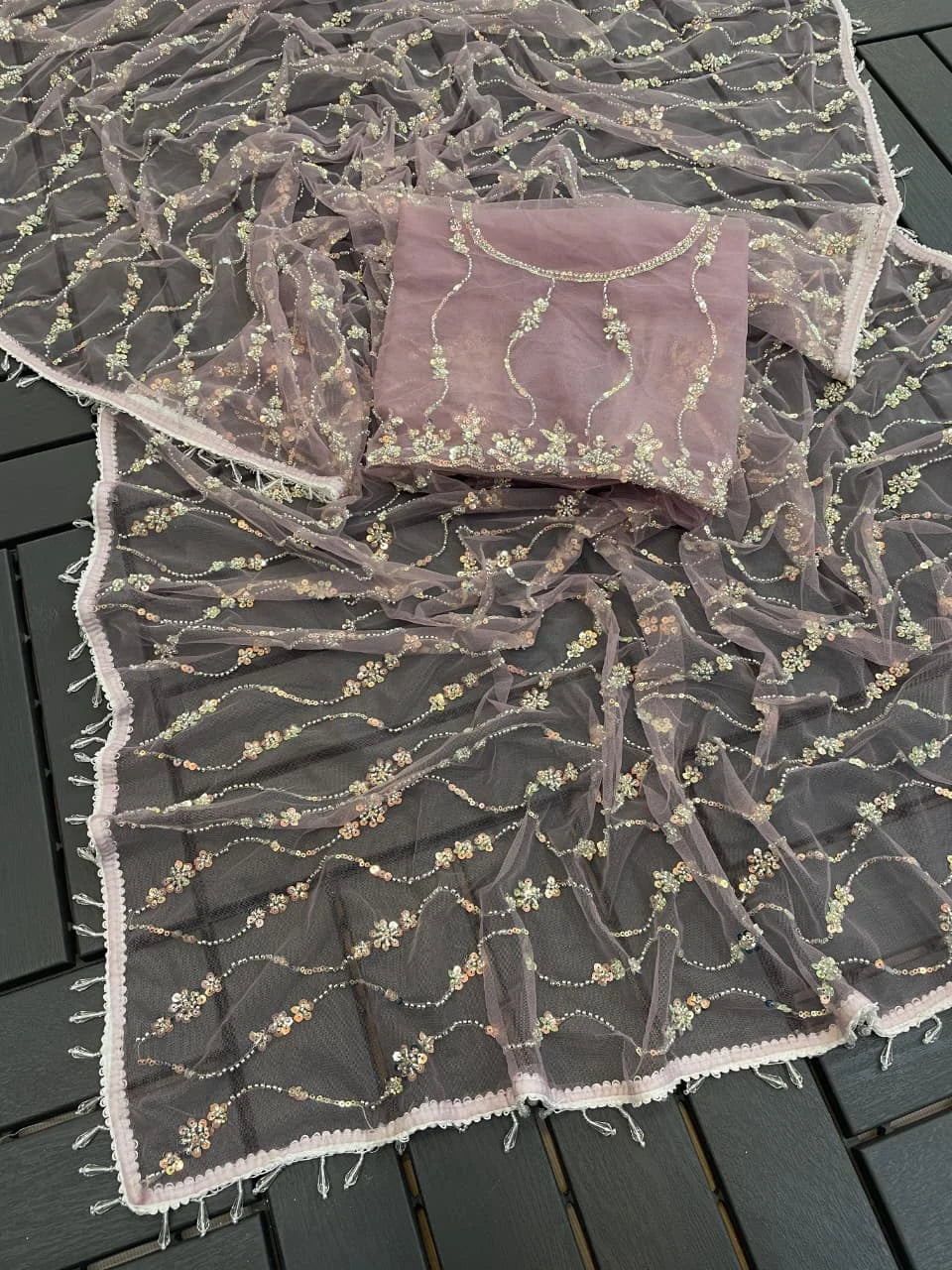 Vastra Creation's Elegant Butterfly Net Saree with Beads, Moti & Sequin Work