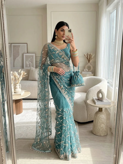 Vastra Creation's Elegant Butterfly Net Saree with Beads, Moti & Sequin Work