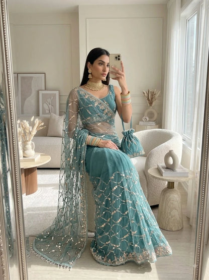 Vastra Creation's Elegant Butterfly Net Saree with Beads, Moti & Sequin Work