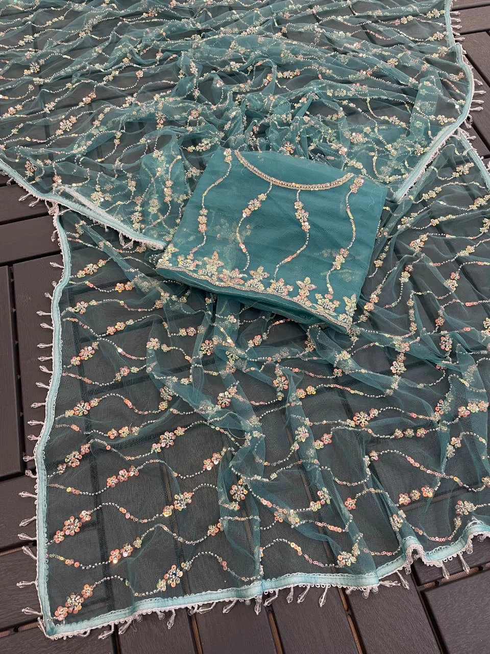 Vastra Creation's Elegant Butterfly Net Saree with Beads, Moti & Sequin Work