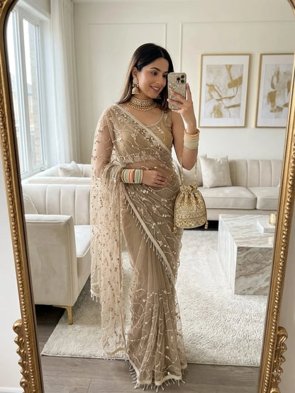 Vastra Creation's Elegant Butterfly Net Saree with Beads, Moti & Sequin Work