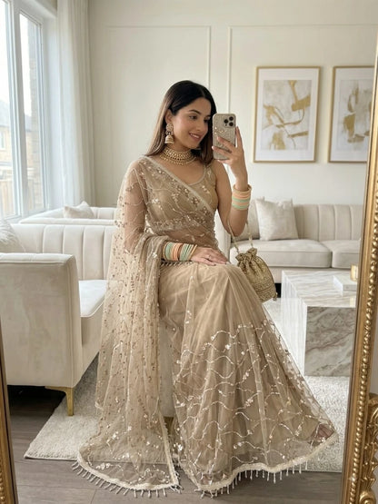 Vastra Creation's Elegant Butterfly Net Saree with Beads, Moti & Sequin Work