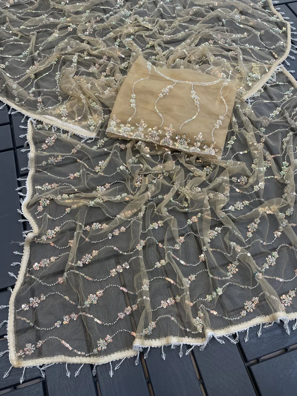 Vastra Creation's Elegant Butterfly Net Saree with Beads, Moti & Sequin Work